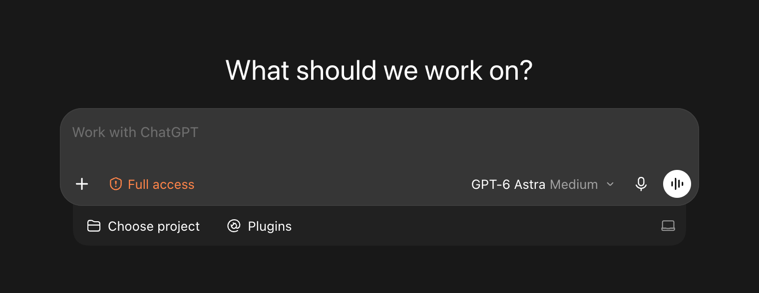 The desktop app’s composer, with Choose project and Plugins in its tray and a Full access control.