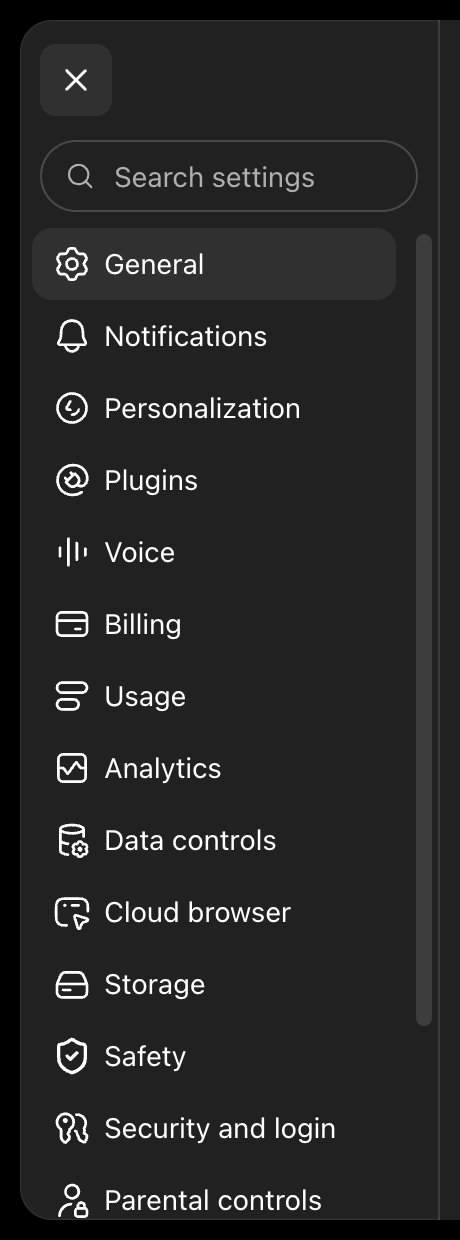 Settings on the web: a search field over one flat list of fourteen rows.